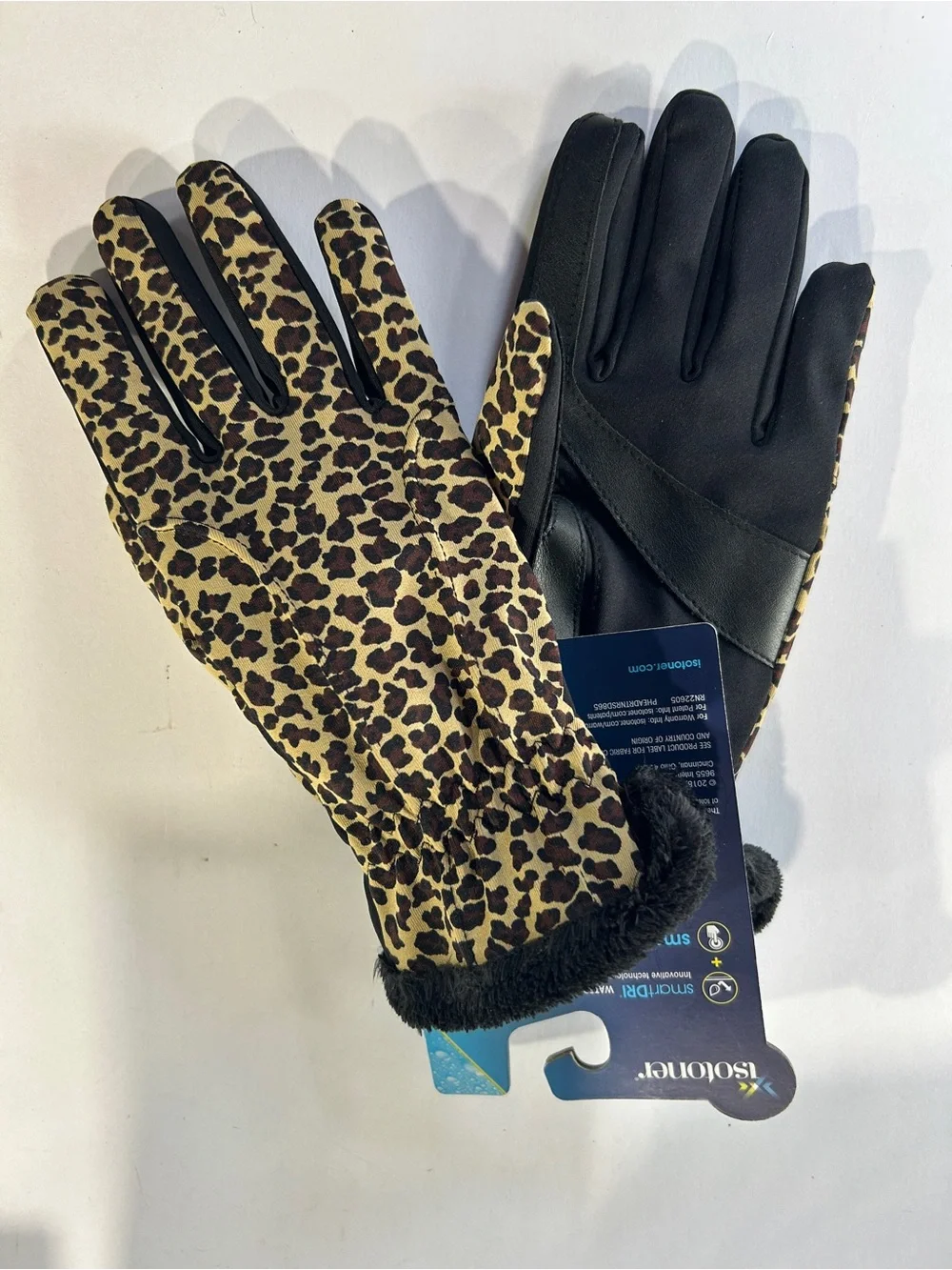 isotoner Leopard-Print Faux-Fur Winter Gloves in Black and Tan